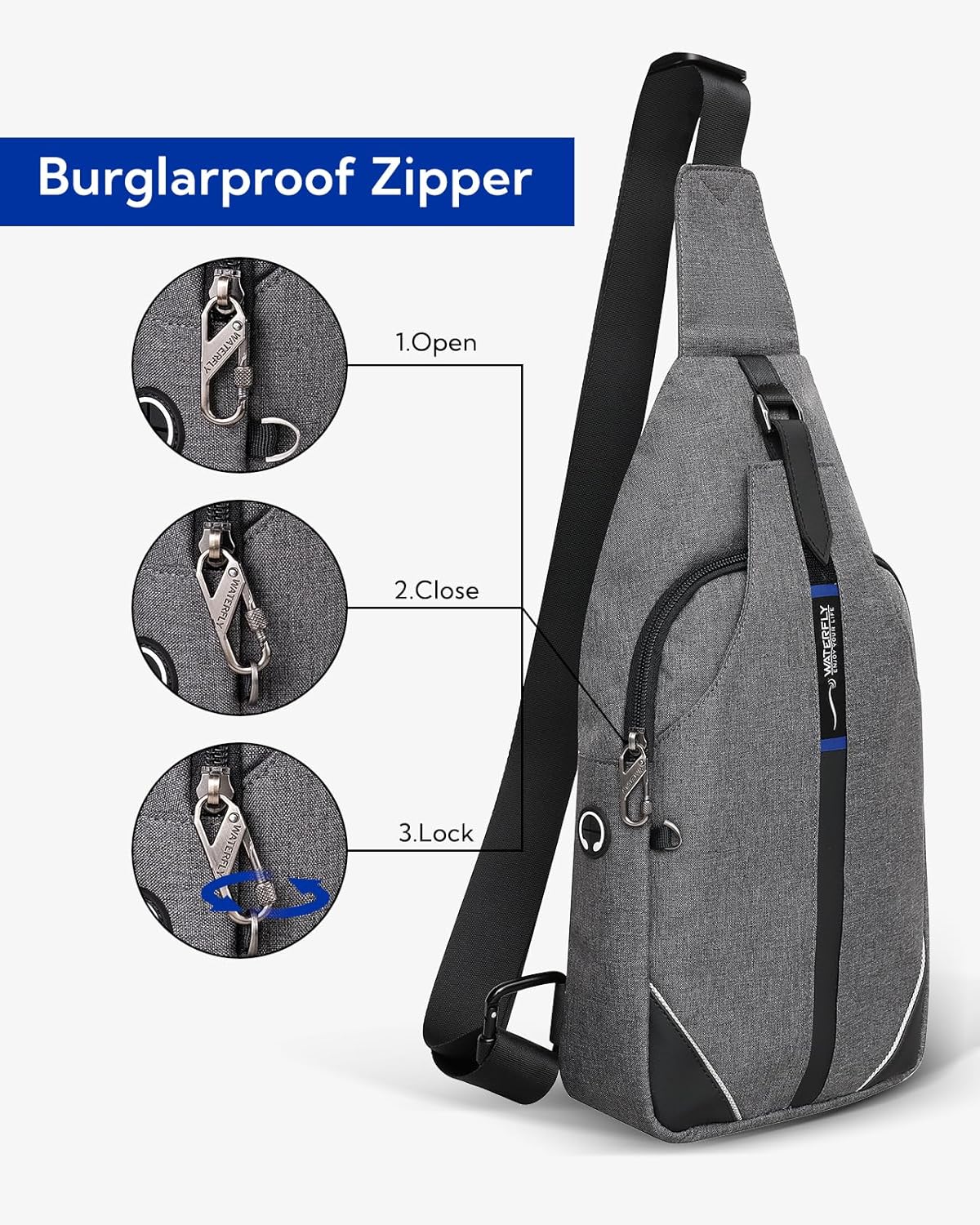 WATERFLY Medium Crossbody Sling Backpack Anti Theft Backpack for Traveling Chest Shoulder Bag