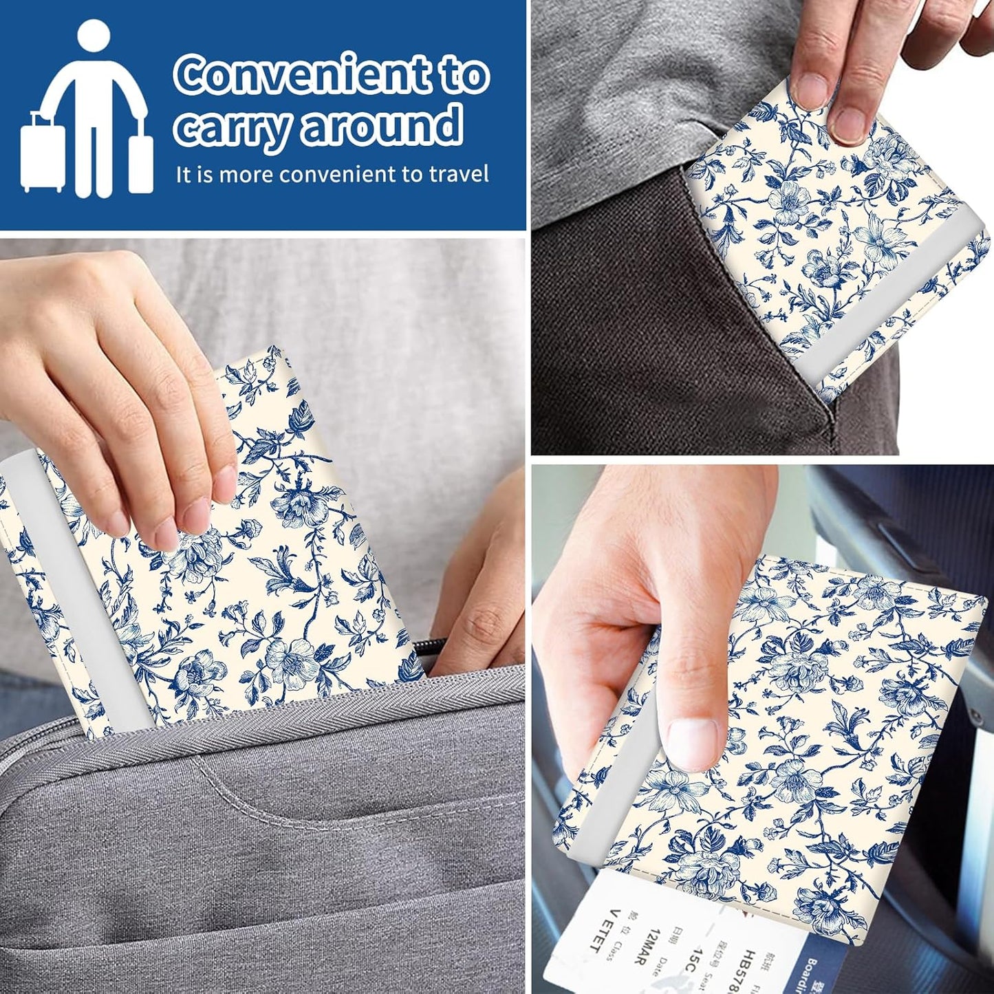 Passport Holder for Travel Essentials, Leather RFID Blocking Passport Wallet Cover Case, Cute Passport Book Holders for Women and Men Blue Boho Flowers