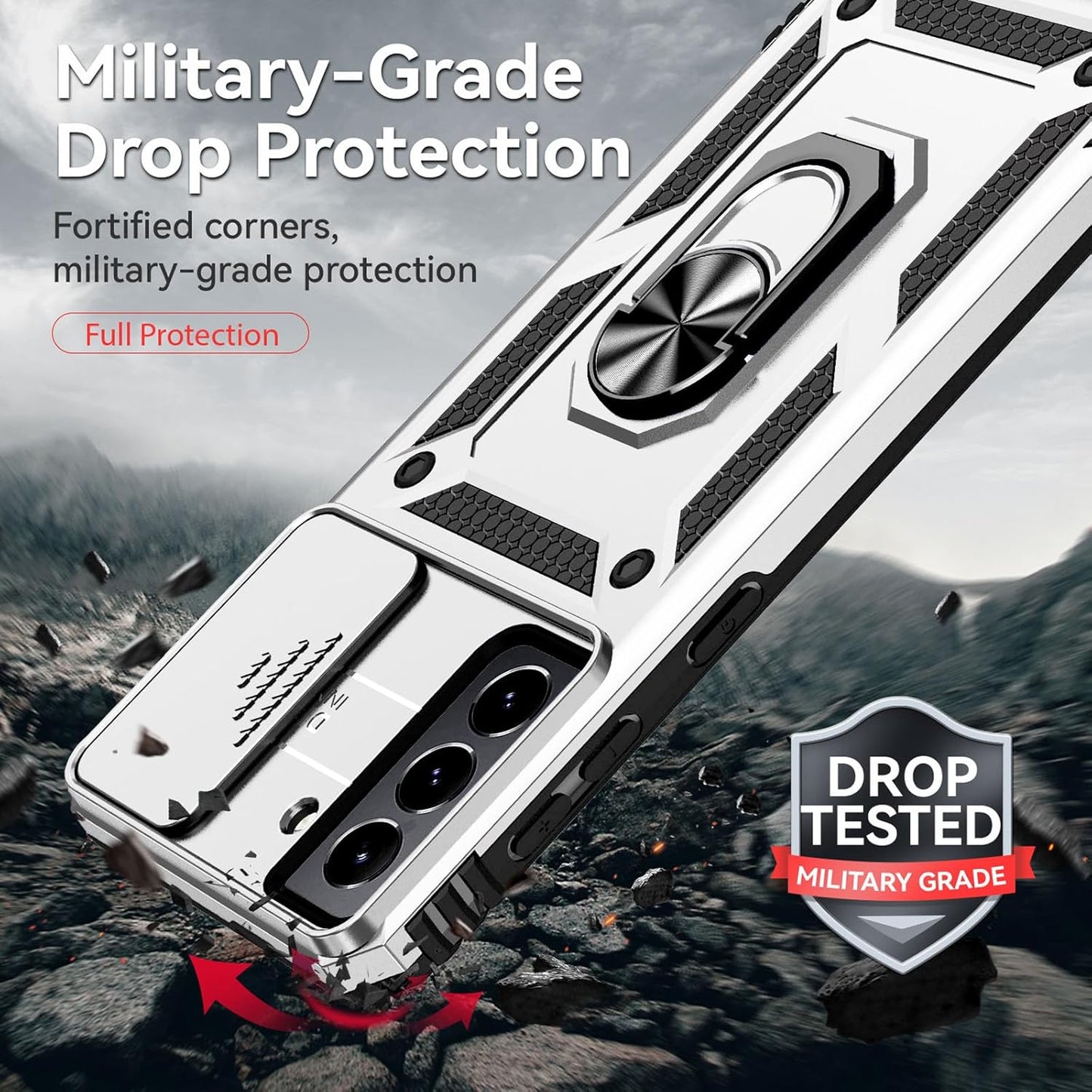 for Samsung S21 FE Case with Screen Protector: [Military Grade 20ft. Drop Tested] Ring Shockproof Protective Phone Case for -Samsung Galaxy S21 FE (Silver)