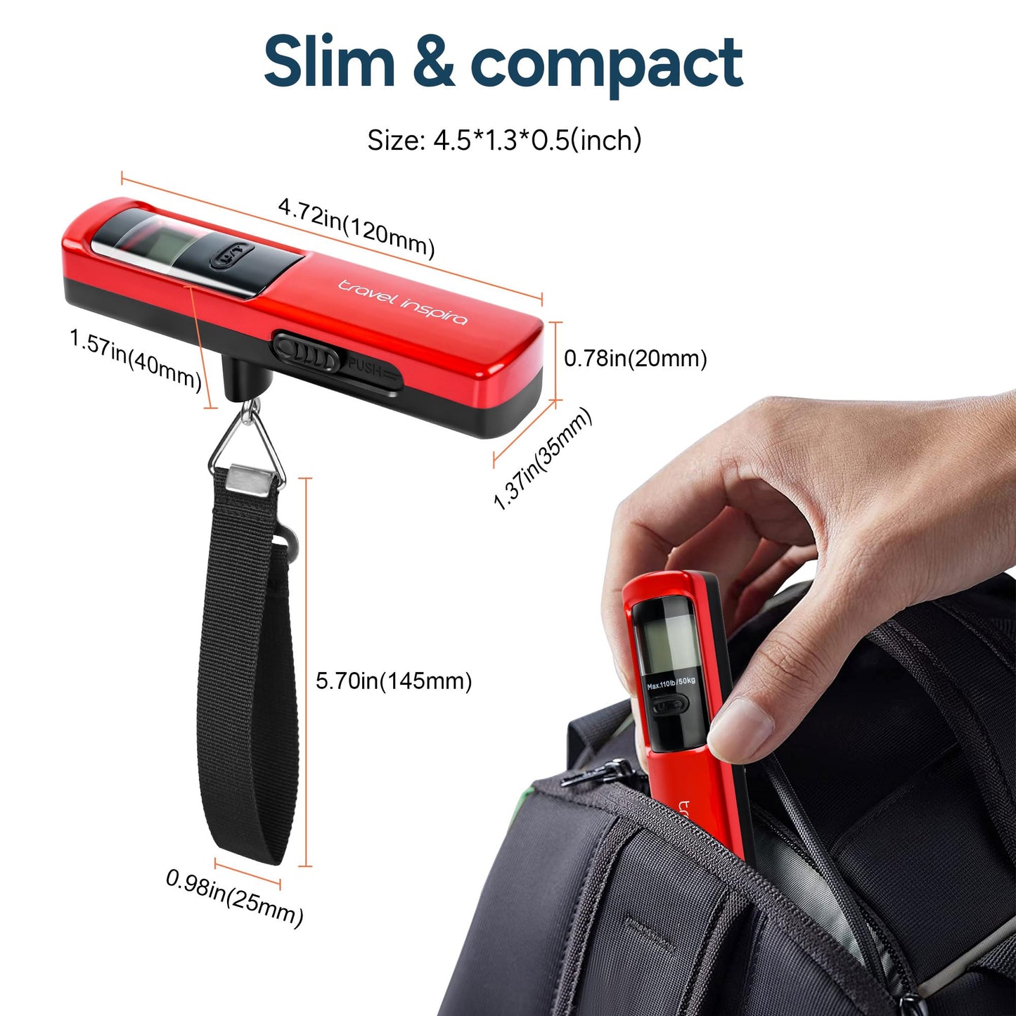 travel inspira Battery-Free Luggage Scale 110lb/50kg Digital Portable