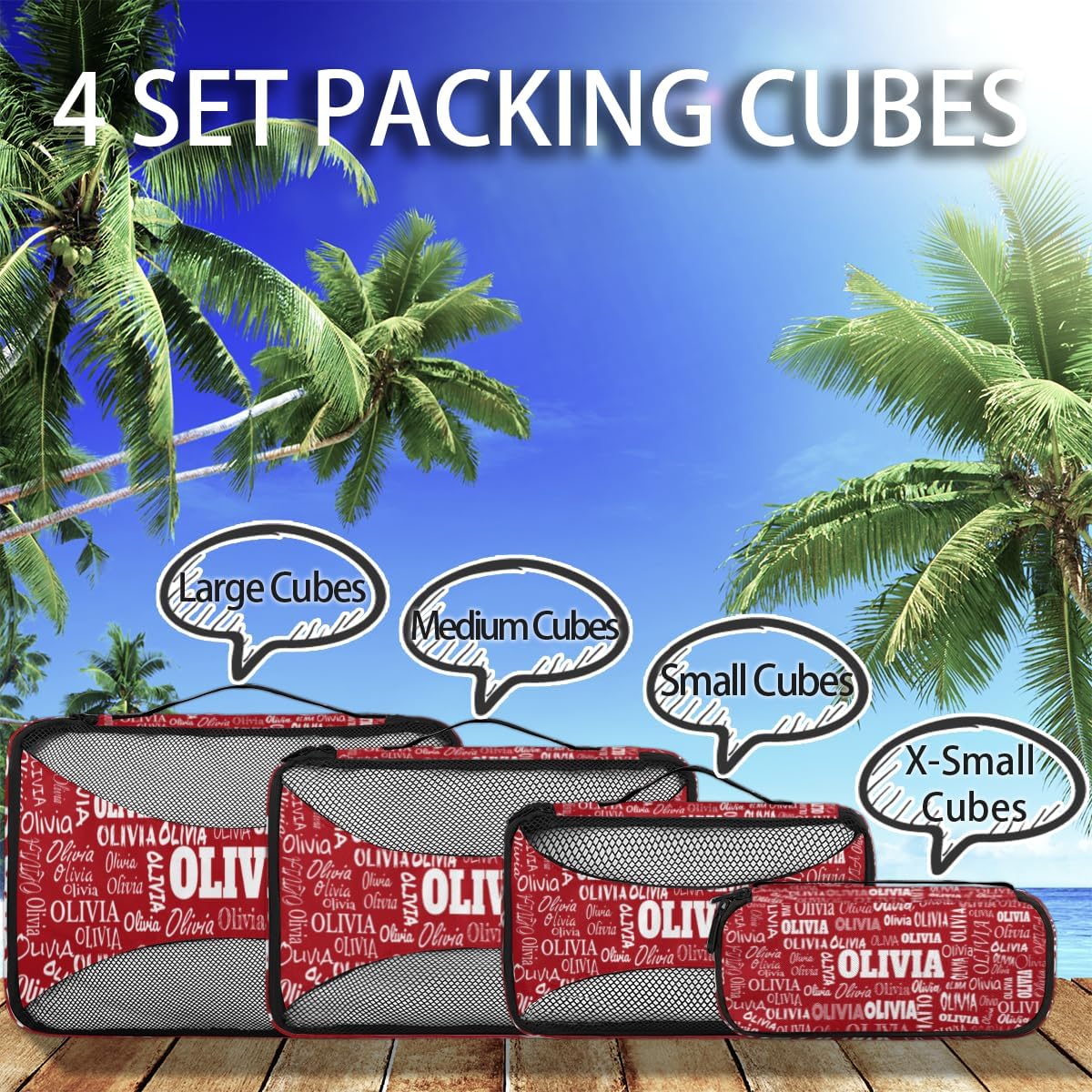 Custom Name 4 Pcs set travel luggage organizer Mesh Travel Essentials for Suitcases, Red