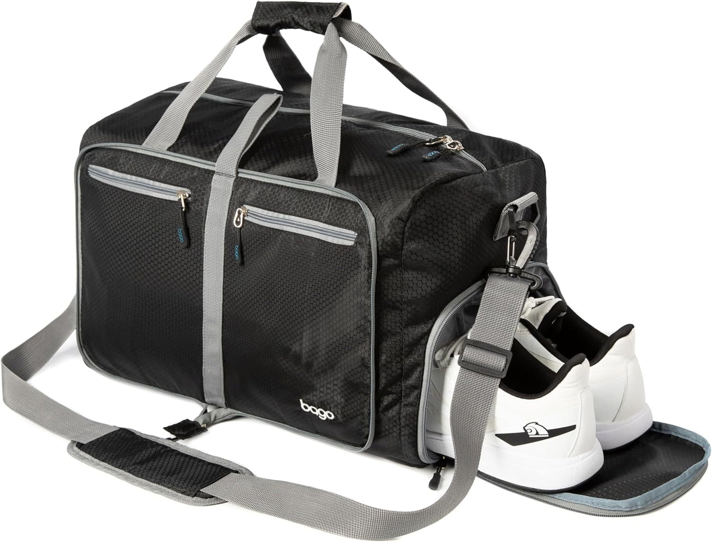 Bago Foldable Duffel Bags for Traveling Women & Men - 60L Medium Packable Duffle Bag for Travel with Shoe Compartment - Water Repellant, Heavy Duty, Lightweight Folding & Collapsible (Black)