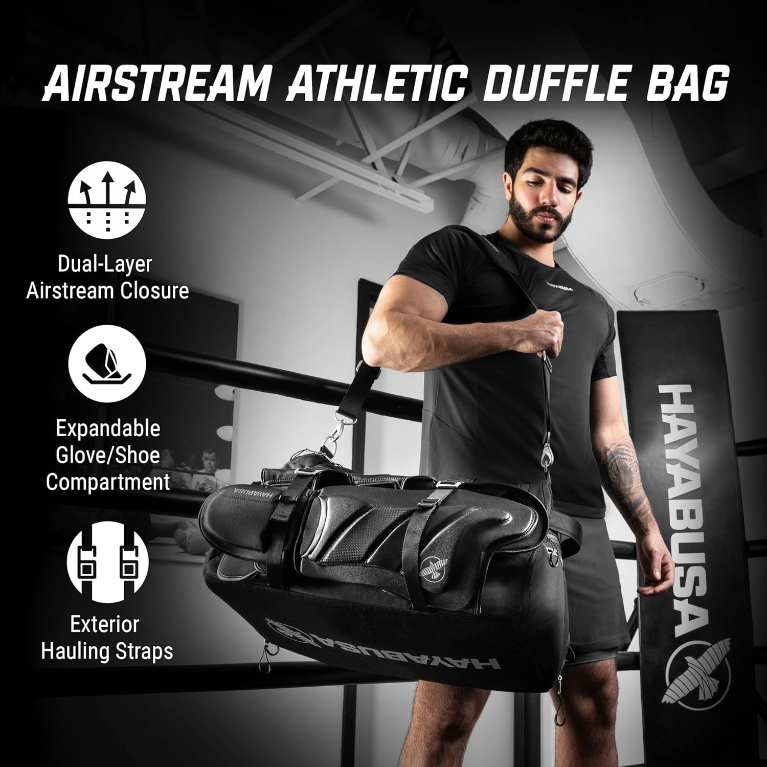 Hayabusa Airstream Athletic Duffle Gym Bag for Women and Men - Black, 50l duffle bag - 7 zippered