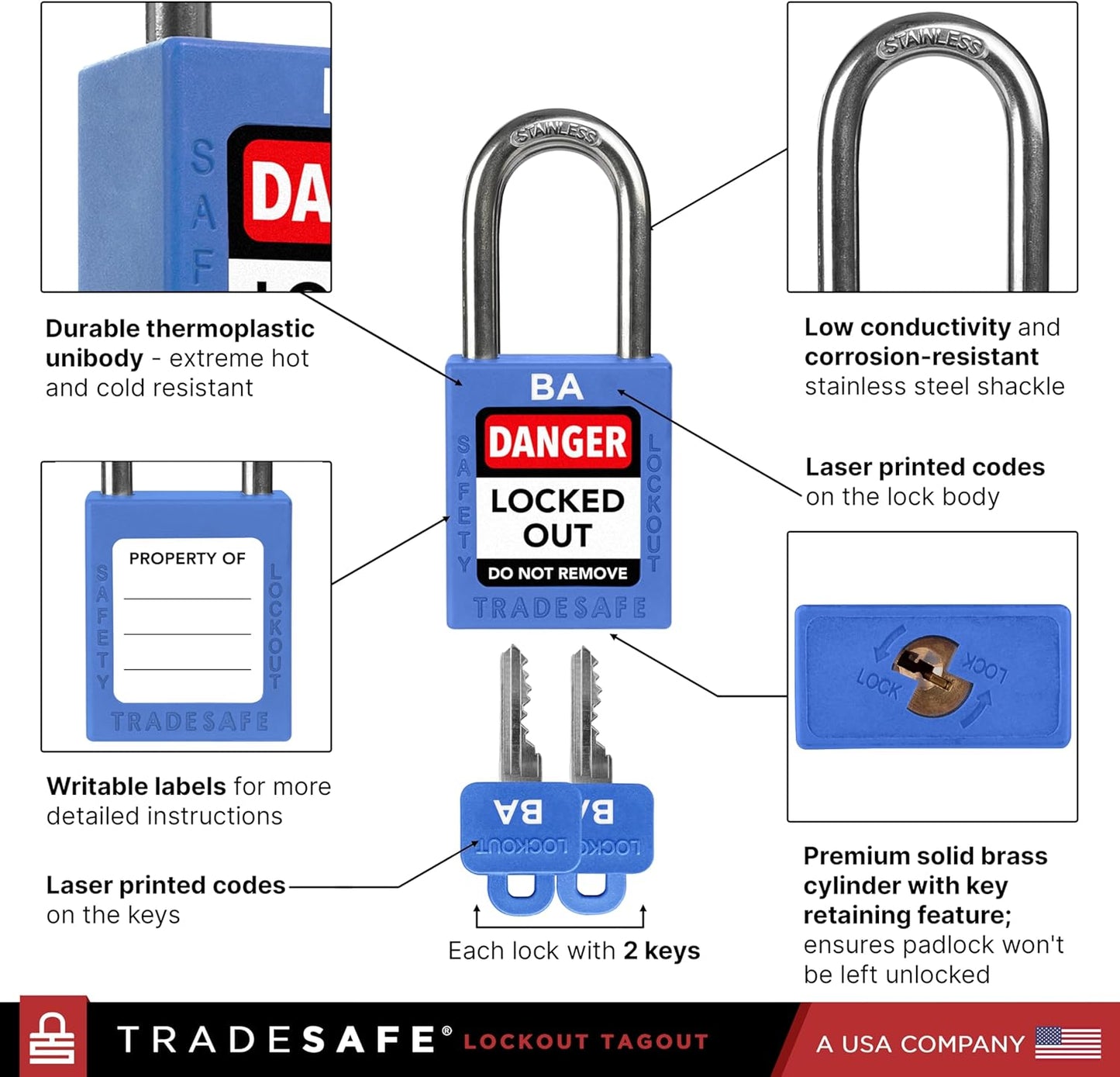 TRADESAFE Lockout Tagout Lock Sets, 10 Blue Keyed Alike Unlimited Grouping Safety Padlocks, 2 Keys Per Lock, OSHA Compliant Loto Locks, for Lock Out Tag Out Kits