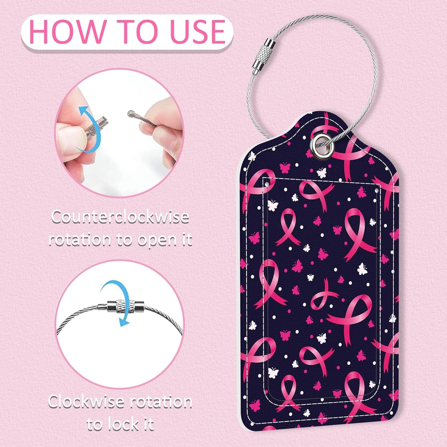 2 Pack Pink Ribbons Luggage Tag for Suitcase,Shiny Ribbons PU Leather Suitcase Tags Identifiers with Privacy Name Address Labels and Steel Loop for Women Men Travel
