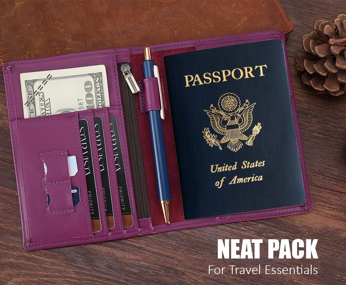 STAR VISTA Phoenix Leather Passport Holder, Calfskin Leather Travel Wallet - RFID Blocking, ID Window, Zipper Pocket, Pen & Notebook Included, AirTag Holder, Violet