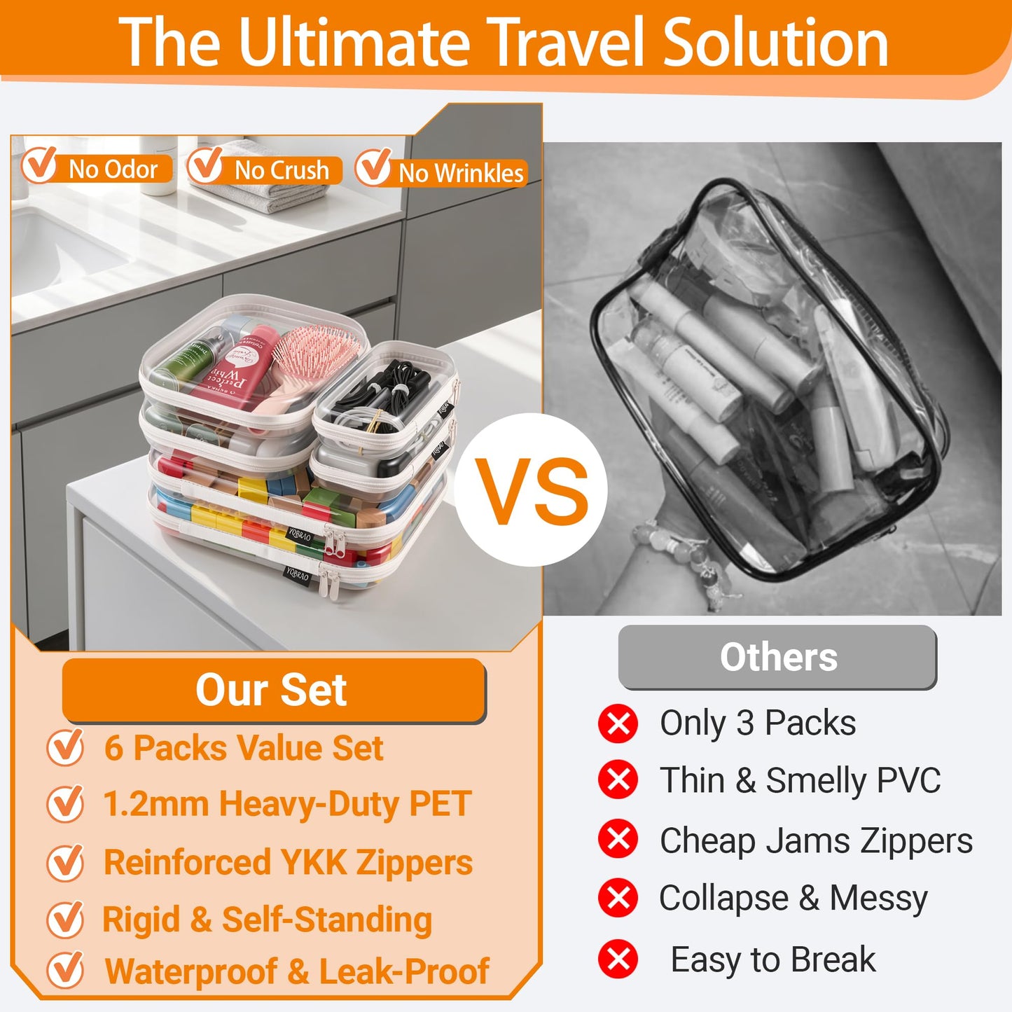 YQBRAO Clear Hard Shell Zipper Cases, 6 Multi-Size Organizers, White