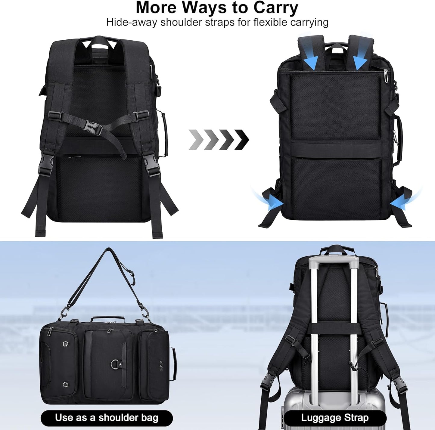 PIJUSHI Carry on Travel Backpack for Women Men Convertible Duffel Bag Backpack Large Luggage Rucksack Fit 16 Inch Laptop(PE039 Black)