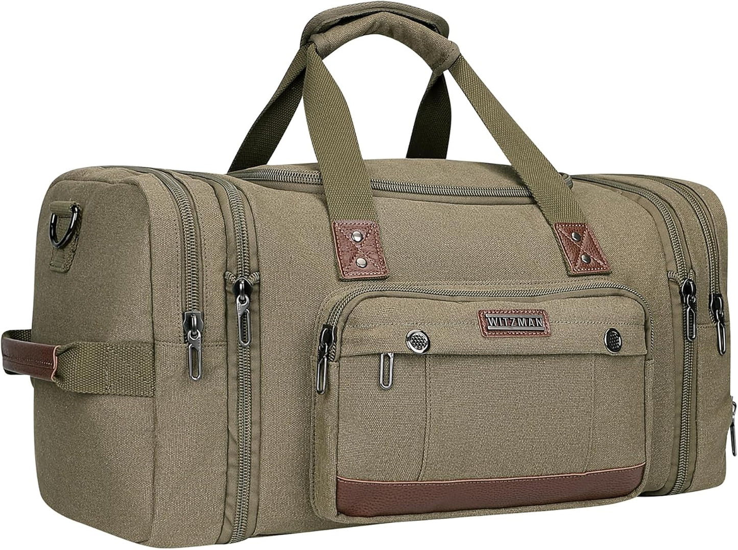 WITZMAN Mens Duffle Bags for Traveling Canvas Weekender Travel Bag Expandable Overnight Bag Carry on Bag(A8007 Army Green)