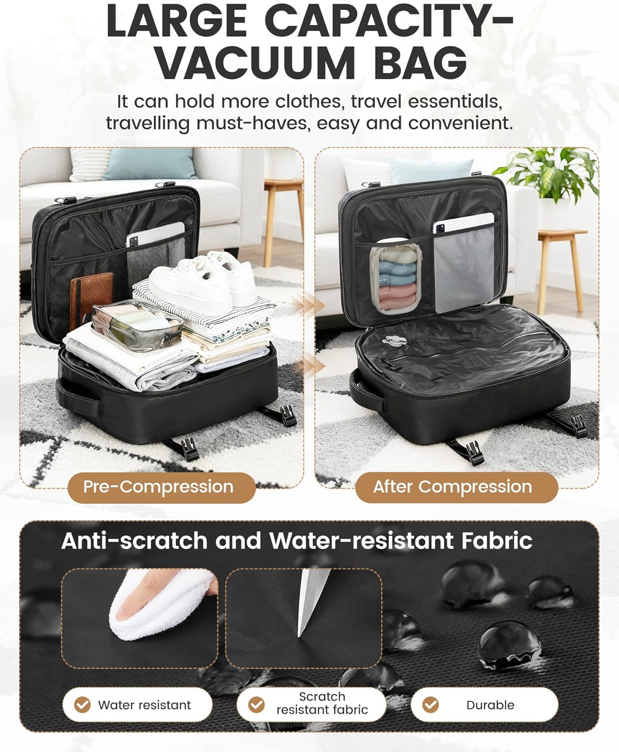 Travel Vacuum Backpack with Garment Bag, Large 18×14×8 Suit Carry on Bags Flight Approved, Personal Item Luggage with Vacuum System, Luggage Daypack Fits 16'' Laptop Travel Essentials, Black