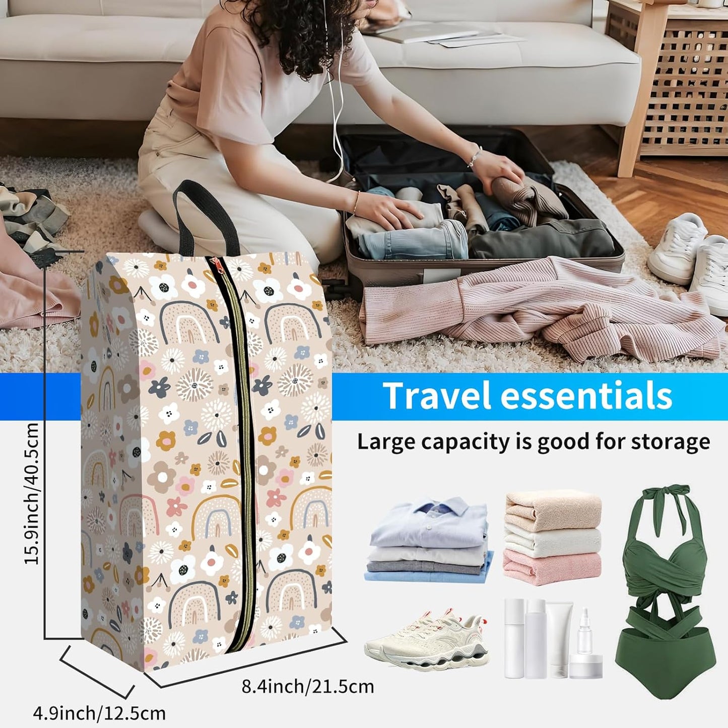 2pcs Shoe Organizer for Travel, Packing Shoe Travel Bags, Cute Shoe Bag with Zipper & Handle, Portable Travel Essentials for Women and Men Cute Flowers