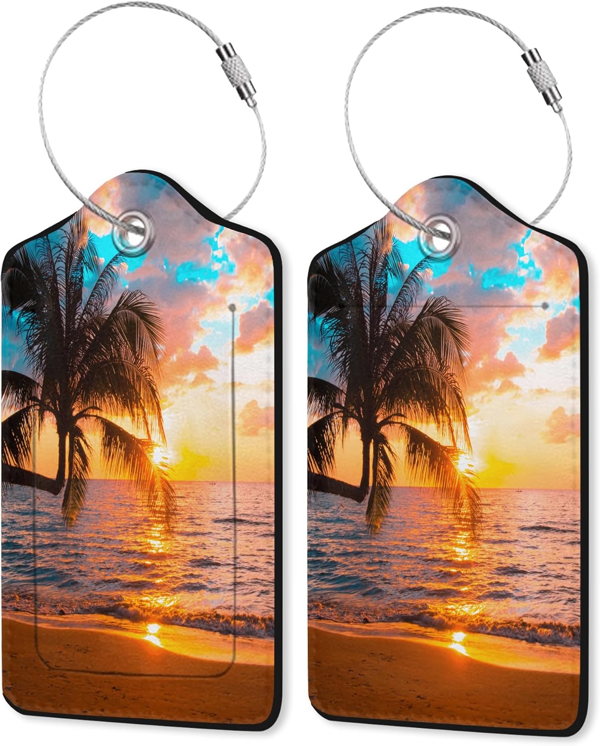 Tropical Palm Luggage Tags Set of 2 Leather Luggage Tags Privacy Cover Suitcase Label with Stainless Steel Loop for Women/Men Travel,Sunset Trees Sea Beach