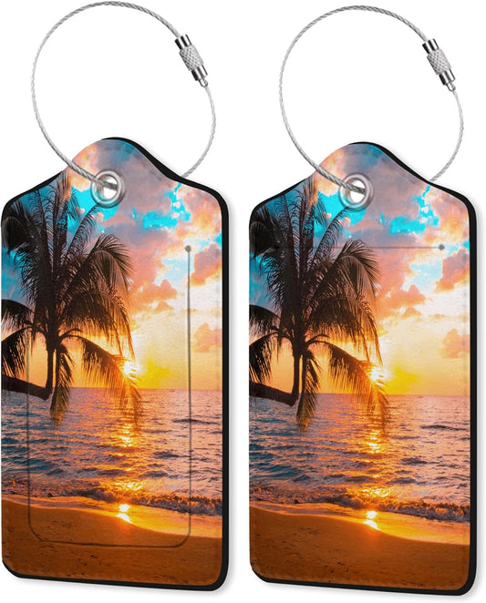 Tropical Palm Luggage Tags Set of 2 Leather Luggage Tags Privacy Cover Suitcase Label with Stainless Steel Loop for Women/Men Travel,Sunset Trees Sea Beach