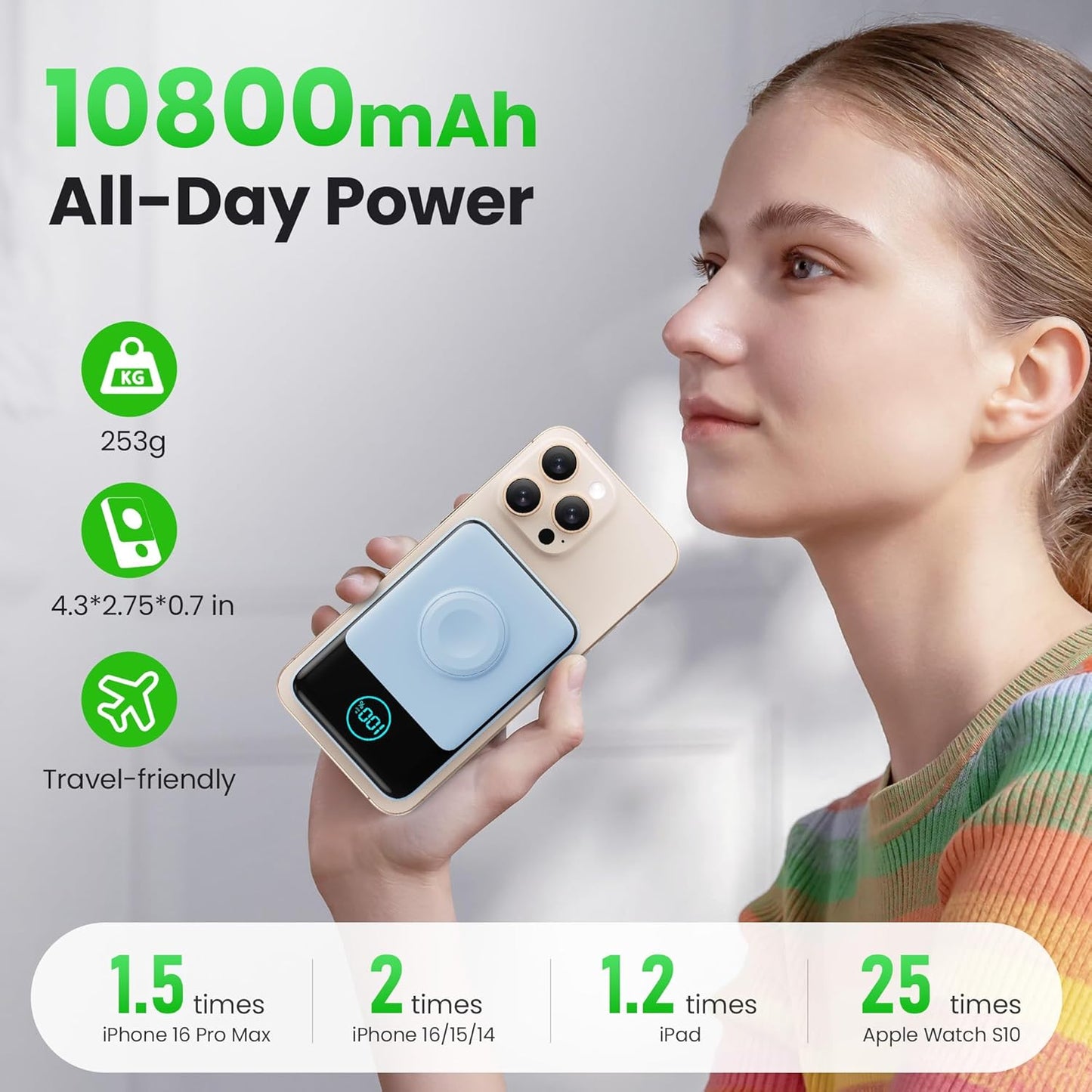 Magnetic Portable Charger for iPhone, 10800mAh Qi2 15W Wireless Power Bank with iWatch Charger,30W PD Fast Charging USB-C Travel Essentials Battery Pack for Magsafe,iPhone 17/16/15/14/13, Apple Watch