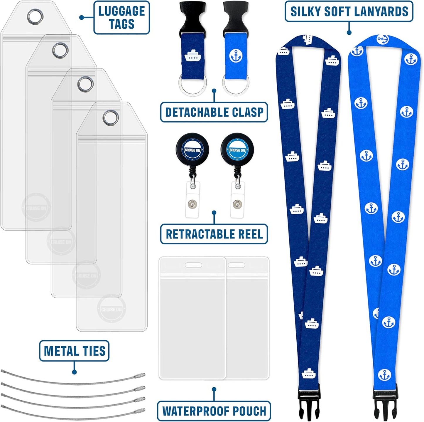 Cruise On Royal Caribbean Luggage Tag Holders (4 Pack) & Lanyards (2 Pack) – Large, Clear, Waterproof Cruise Essentials 2025-2026 – Secure Ship Tags & Cards (Royal & Navy Blue)