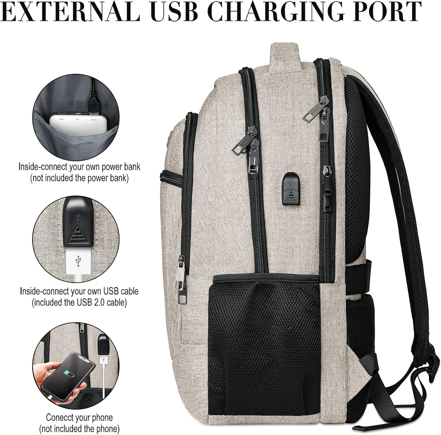 BIKROD Backpack for Women and Men, Extra Large School Backpacks for Teens, Water Resistant Back Pack with USB Charging Port Fits 17 Inch Laptop, Business Anti Theft Sturdy Computer Bag Gifts, Beige