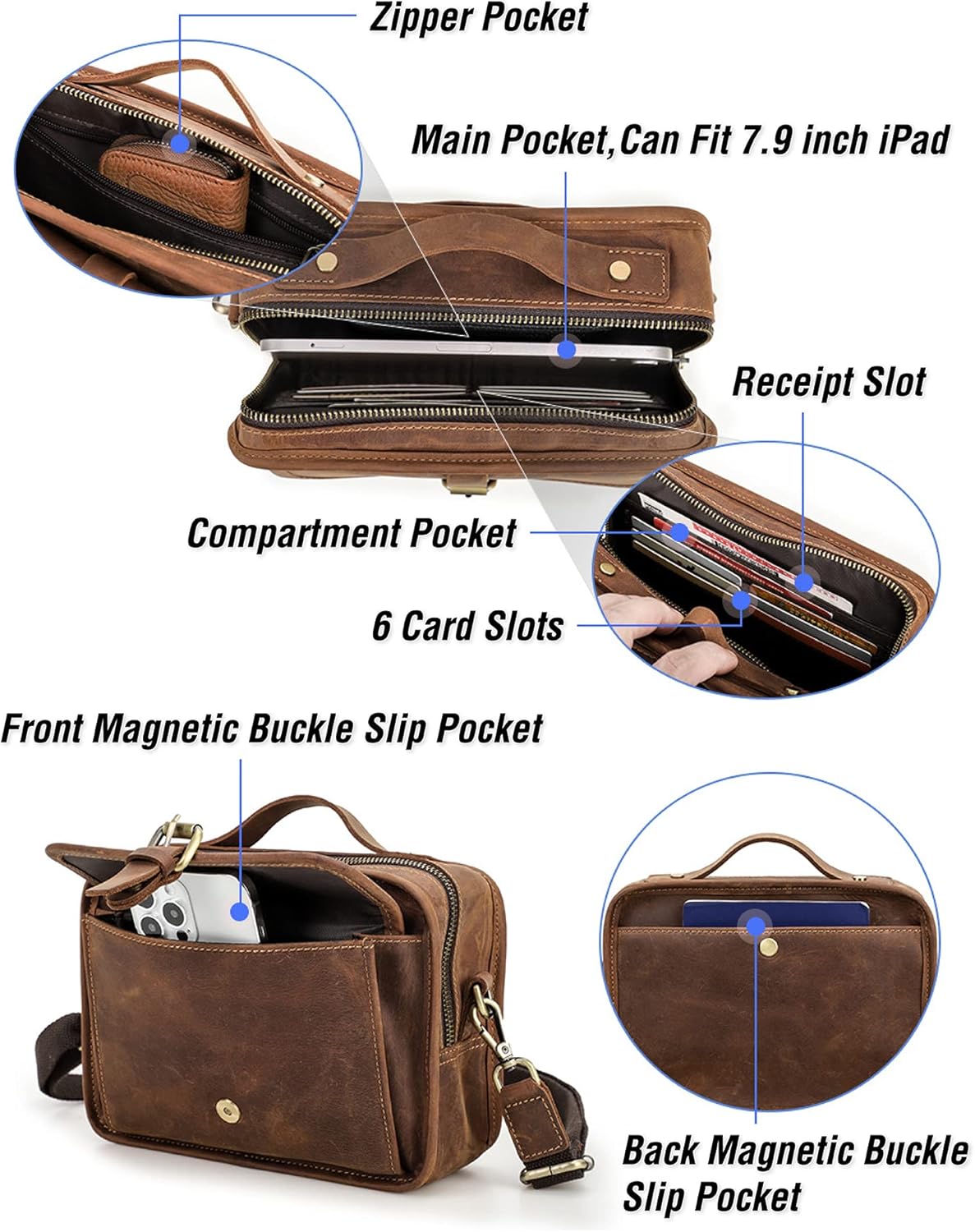 Top Grain Leather 8.3" Messenger Bag for Man & Woman, Multi Pockets, Fits to 7.9"/8.3" iPad for
