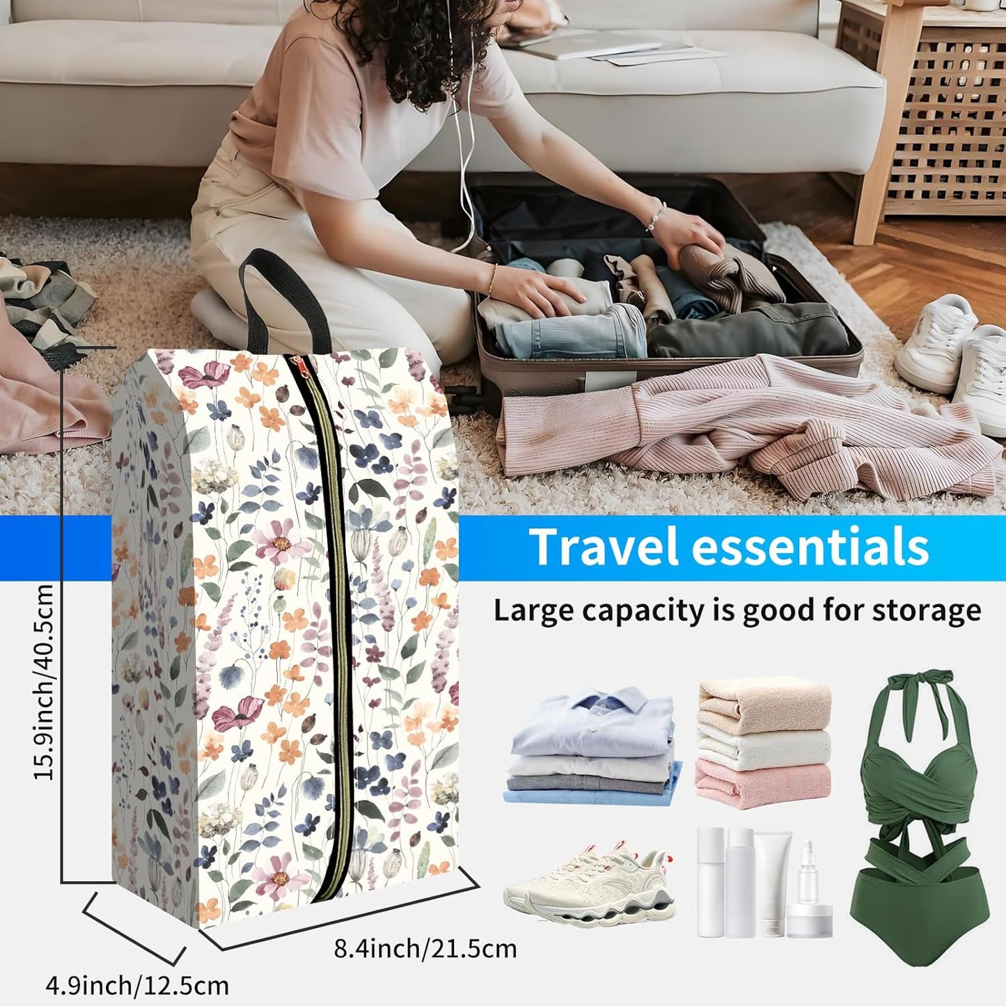 2pcs Shoe Organizer for Travel, Packing Shoe Travel Bags, Cute Shoe Bag with Zipper & Handle, Portable Travel Essentials for Women and Men Spring Flowers
