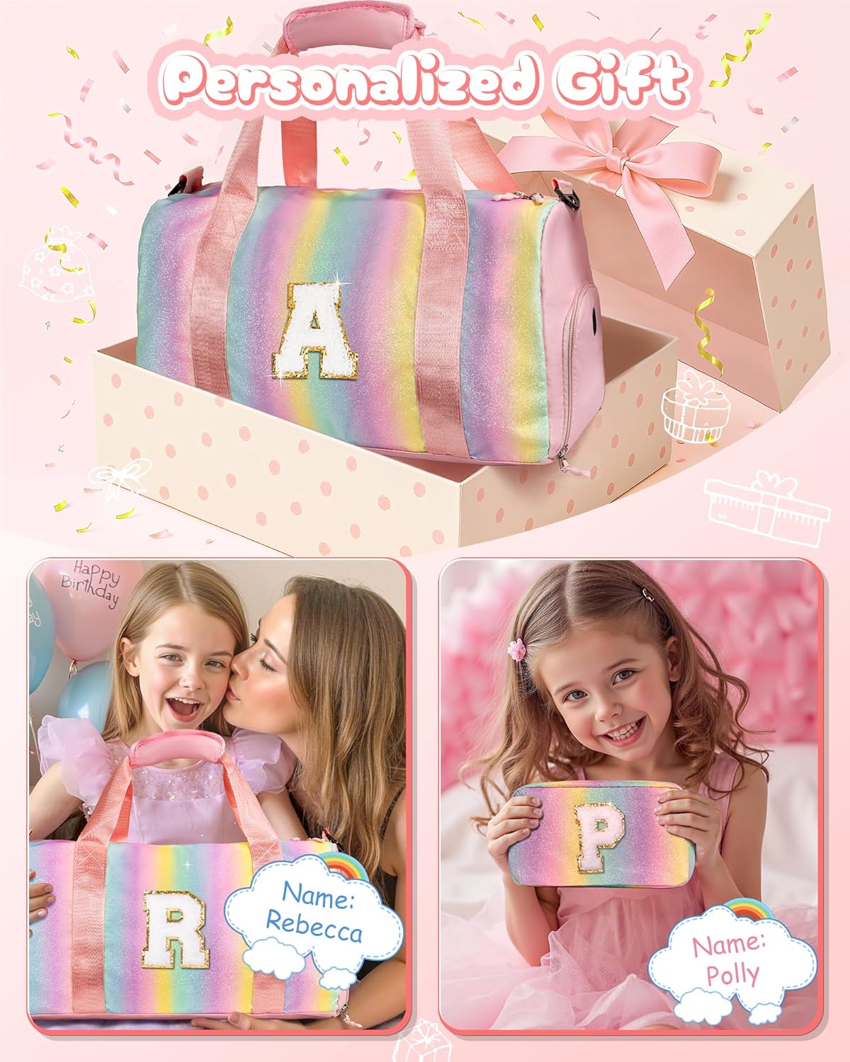 Christmas Gifts for Girls-Girl Gym Bag with Shoe Compartment, Kid Personalized Weekender Overnight Bags, Initial Travel Tote with Makeup Pouch, Gift for 3 4 5 6 7 Year Old Kids (Letter T)