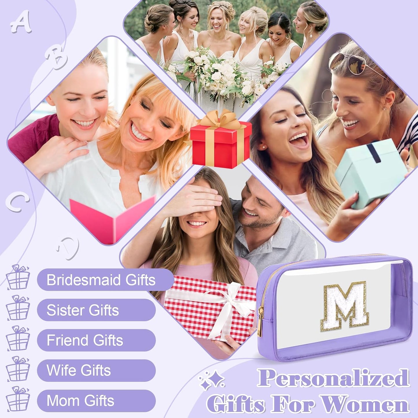 Personalized Initial Letter Clear Makeup Bag,Preppy Small Nylon&PVC Cosmetic Zipper Bag with Chenille Letter,Travel Skincare Toiletry Bag,Monogram Christmas Gift for Teen Girls Women,M