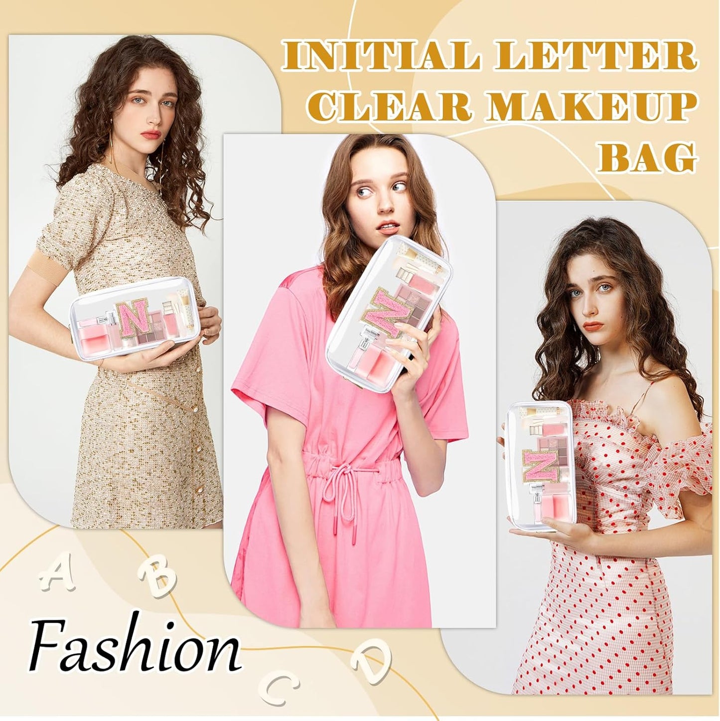 Personalized Initial Letter Clear Makeup Bag,Preppy Small Nylon&PVC Cosmetic Zipper Bag with Chenille Letter,Travel Skincare Toiletry Bag,Monogram Christmas Gift for Teen Girls Women,N