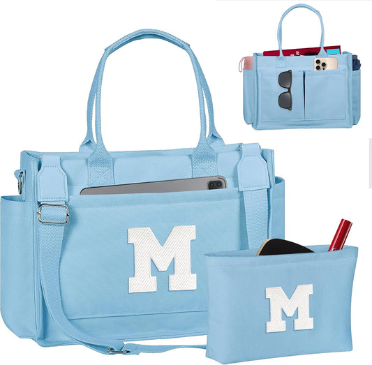 Gifts for Women Teen Girls, Initial Tote Bag with Zipper, Letter Canvas Tote Purse for College Work Laptop Beach