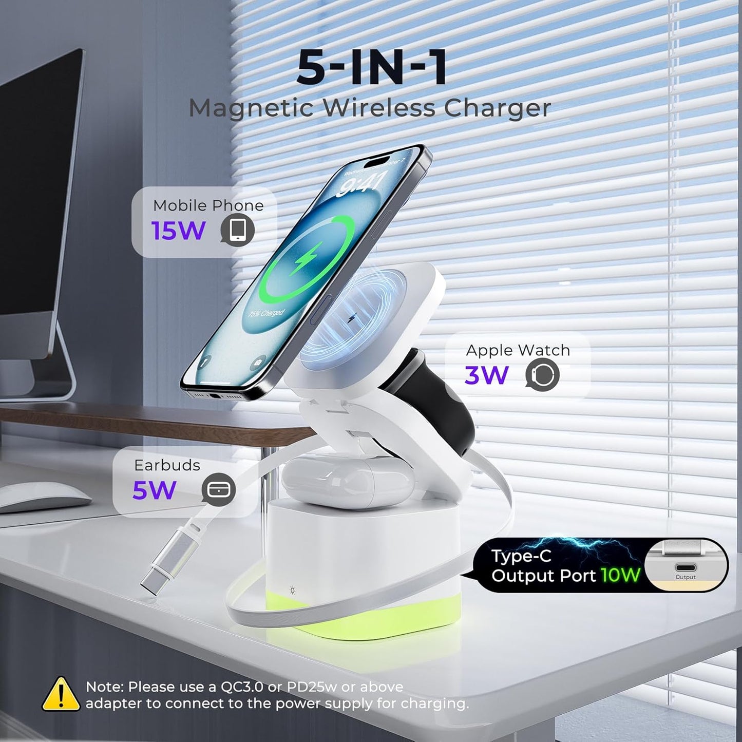 5 in 1 Wireless Charger, Foldable Wireless Charging Station with Night Light for Apple Magnetic Charger, Retractable Cable Travel Charger Stand for iPhone 17/16/15/14/13/12, Apple Watch, AirPods Pro 3