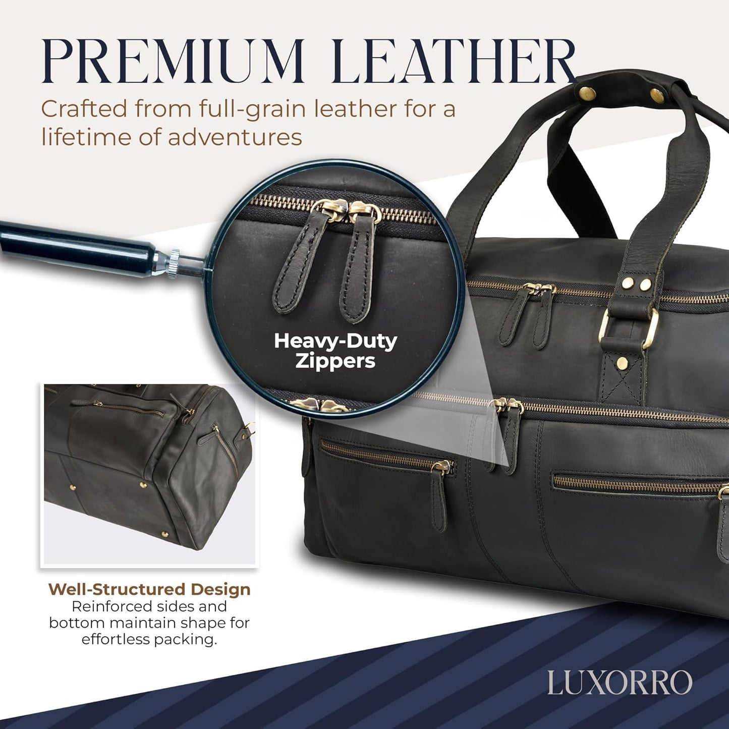 Luxorro Full Grain Leather Duffle Bag for Men | TSA Approved 22x14x9 Carry On Luggage | 22 Inch, 45L Capacity | Overnight Weekender & Travel Duffel | Black