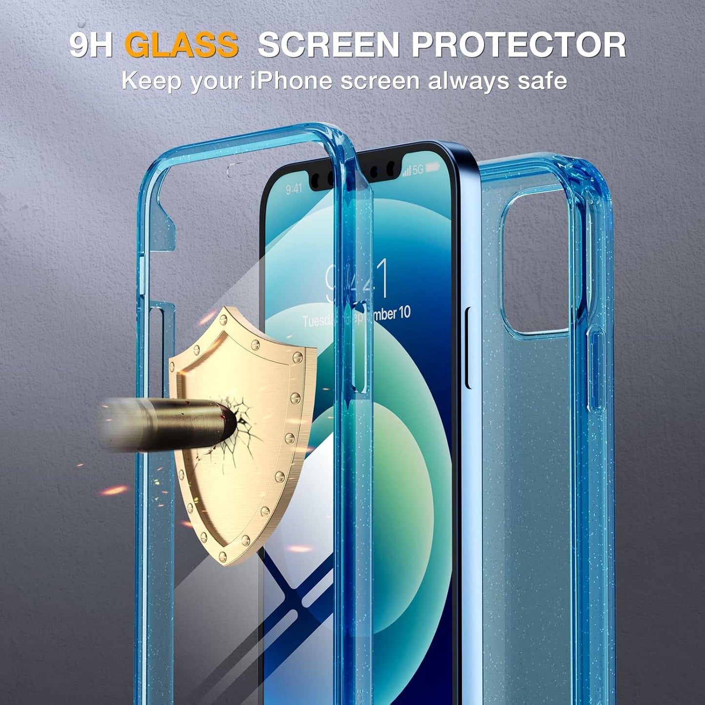 Miracase for iPhone 12/12 Pro Case 6.1 inch, Upgraded Full-Body Rugged Phone Bumper Case Cover with Built-in 9H Tempered Glass Screen Protector and Camera Protector, Glitter Blue