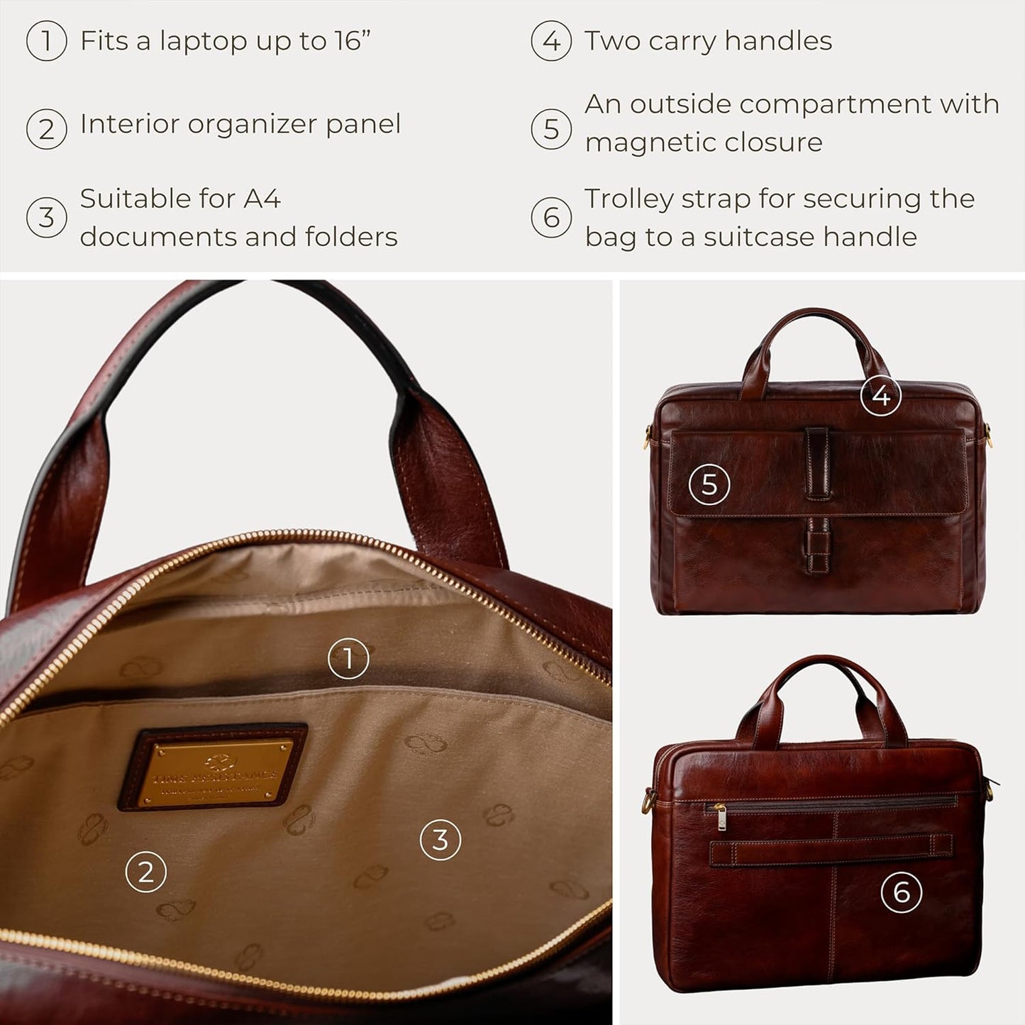 Time Resistance Leather Briefcase - Italian Handmade Leather Laptop Bag - Handbag for Men and Women