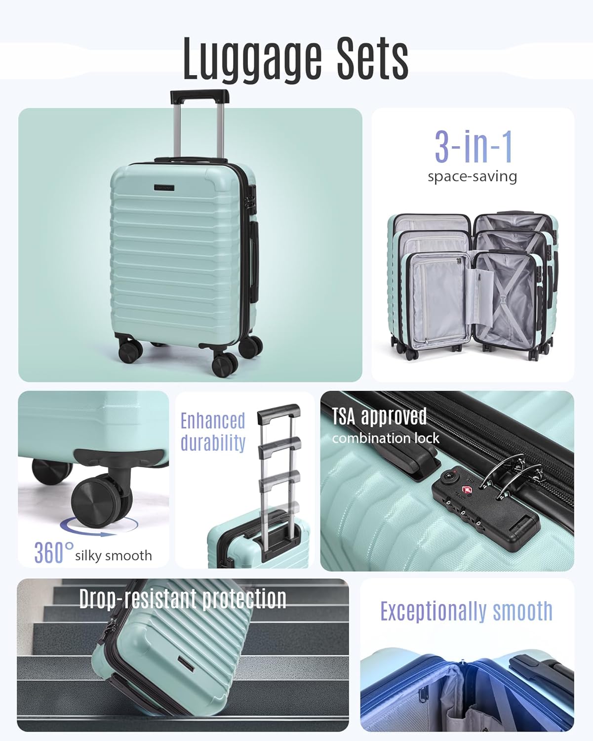 LIGHT FLIGHT Luggage Sets, 3 Piece Durable Suitcase Set with Spinner Wheels, 3 Pcs Hardside