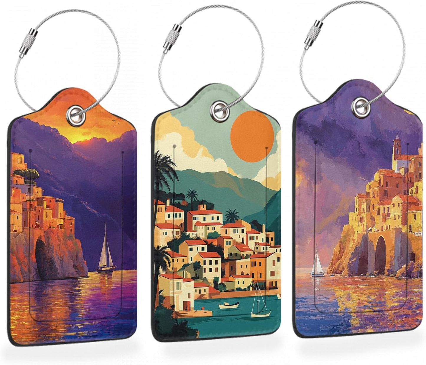 Retro Seaside Village 3 PCS PU Leather Luggage Tags for Suitcase, Sunset Luggage Tag with Privacy
