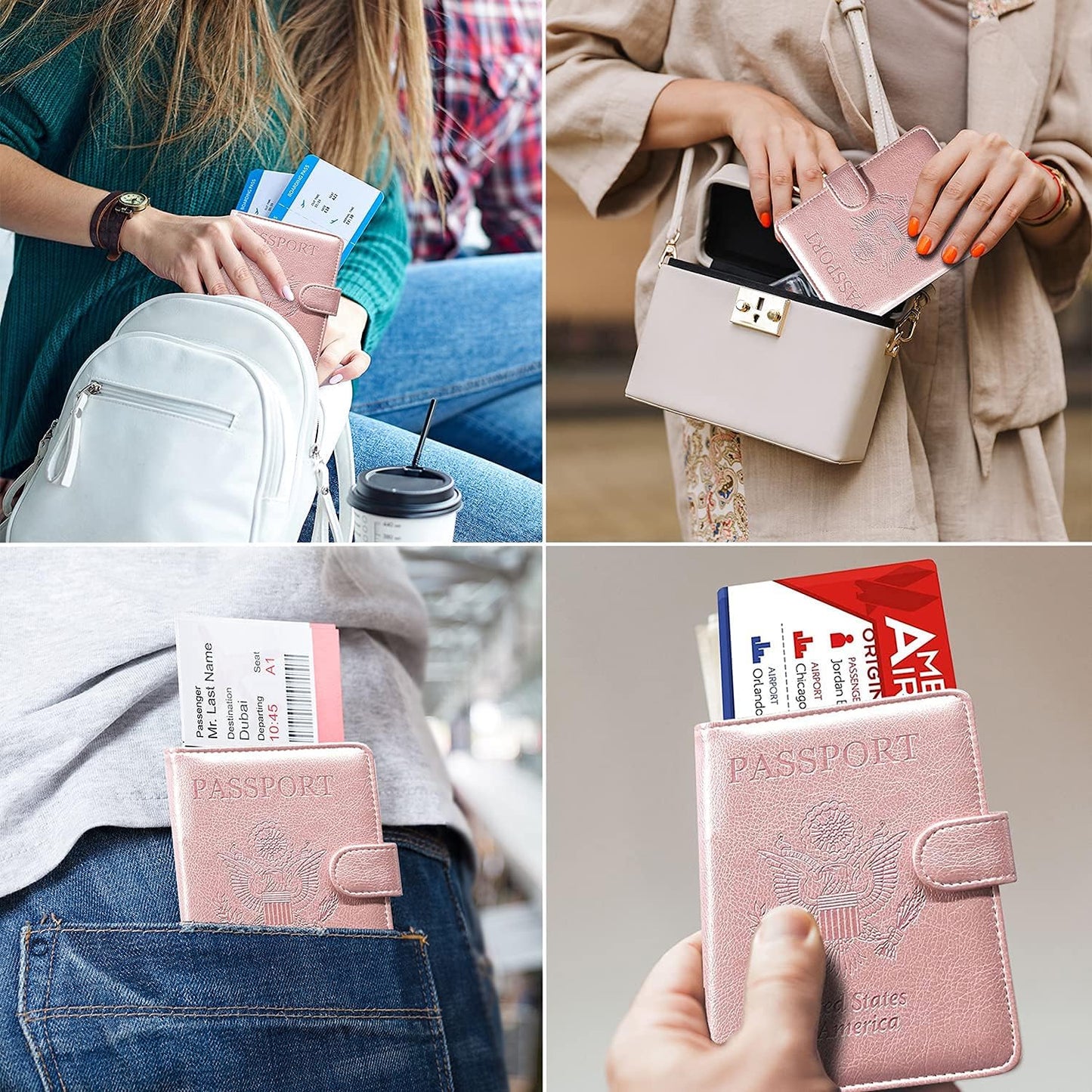 RSAquar Passport and Vaccine Card Holder Combo, Passport Holder Cover Wallet, Leather Card Case Travel Accessories with RFID Blocking for Women and Men, Rose Gold