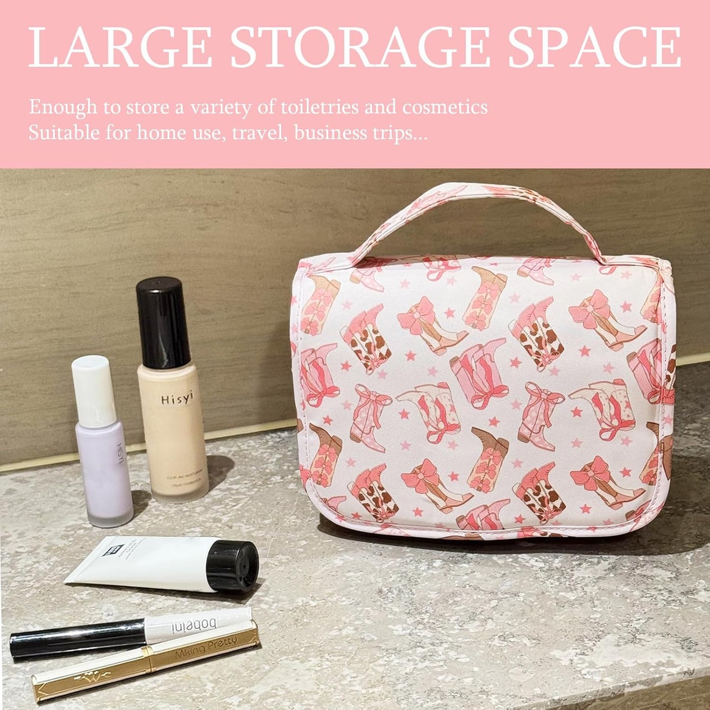 Crazy Bison Hanging Travel Toiletry Bag Kit Makeup Bag Cosmetics Organizer for Men Women (Cowboy Boots with Bow)