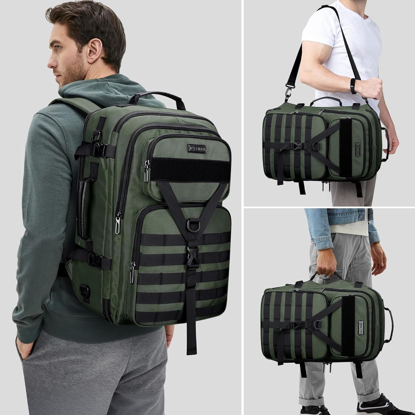 WITZMAN Carry On Travel Backpack for Men Large Convertible 45L Fit 17 Inch Laptop Backpack 3 in 1 Bag for Airline Approved(B688 Army Green)