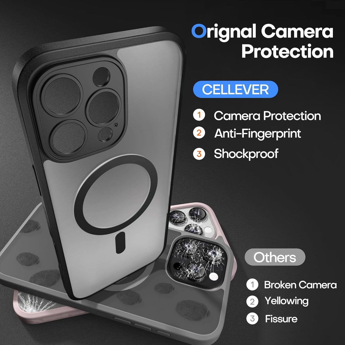CellEver Strong Magnetic for iPhone 16 Pro Case with Camera Control Capture Button [Camera Protection] [Military Drop Protection] [Compatible with MagSafe] Slim Translucent Back Matte Cover, Black