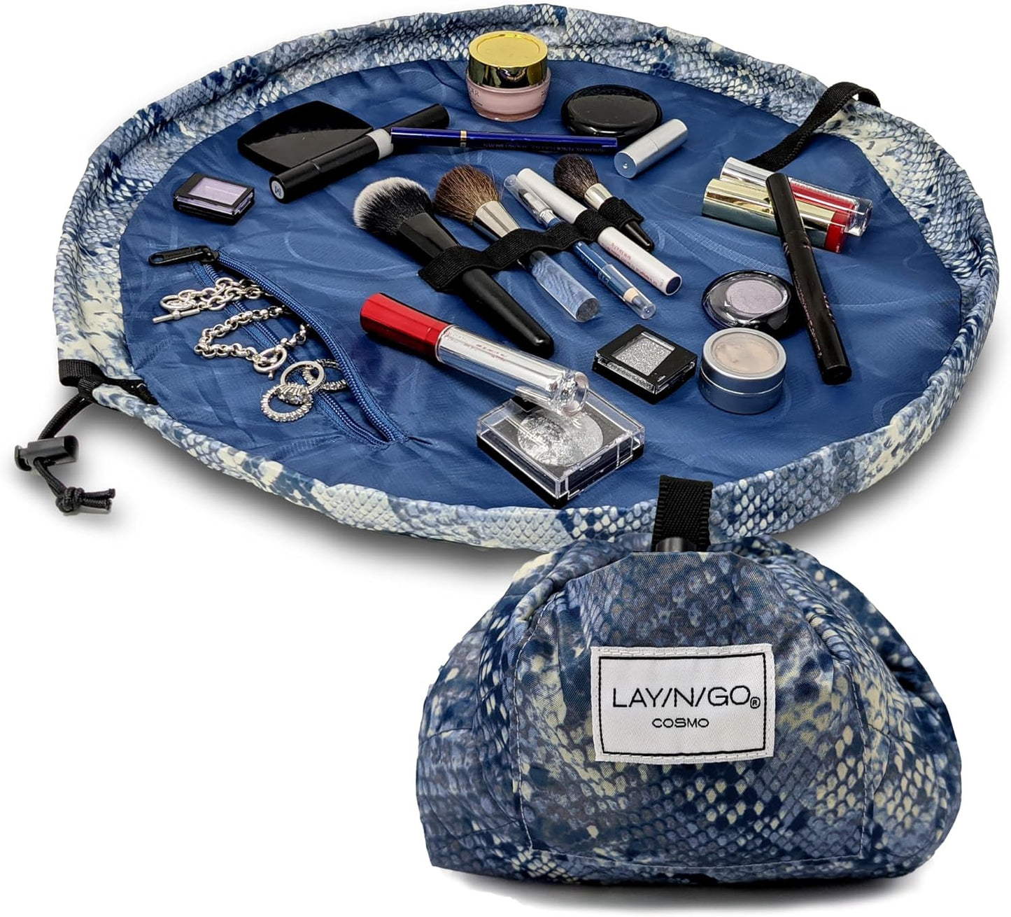 Lay-n-Go Cosmo Drawstring Cosmetic & Makeup Bag Organizer - Portable Drawstring Makeup Bag w/Zipper Pocket, Makeup Loops & More - Durable, Machine Washable Toiletry Bag (20", Blue Snakeskin)