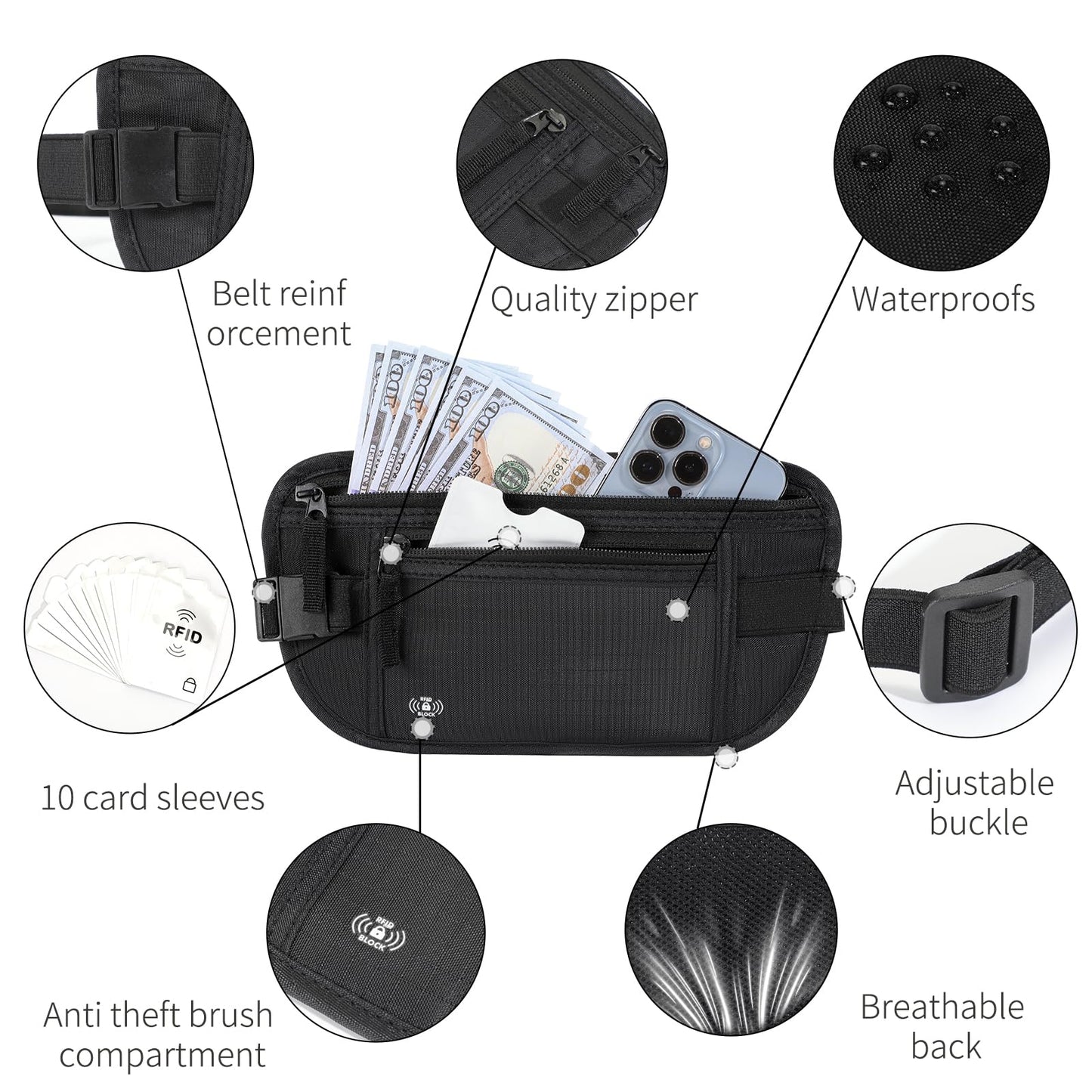 Money Belt for Travel, RFID Blocking, Hidden Money Belt, Passport Holder for Travel (Black)