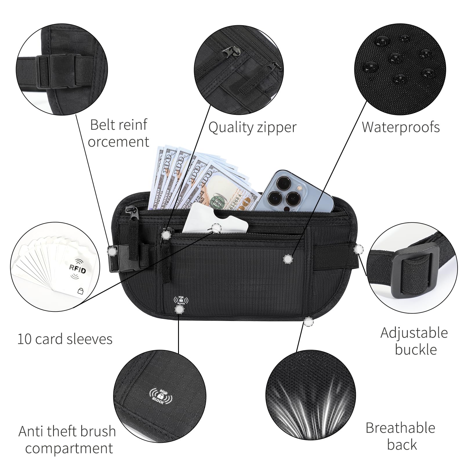 Money Belt for Travel, RFID Blocking, Hidden Money Belt, Passport Holder for Travel (Black)