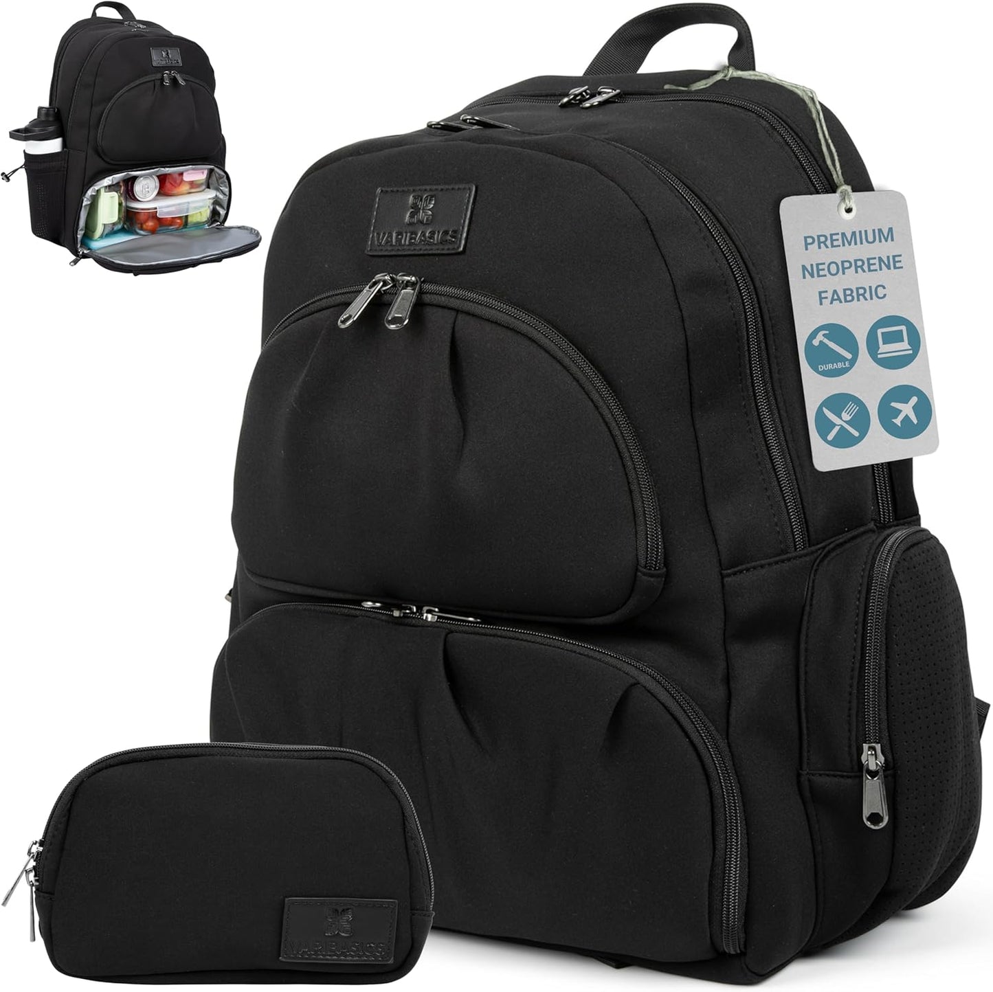 Alira Women’s Neoprene Laptop Backpack Set with Cooler Compartment & Coordinating Belt Bag, Premium Work Travel Backpack Fits 17” Laptop, Durable Large Bag, Office, Gym & Mom Life (Black)