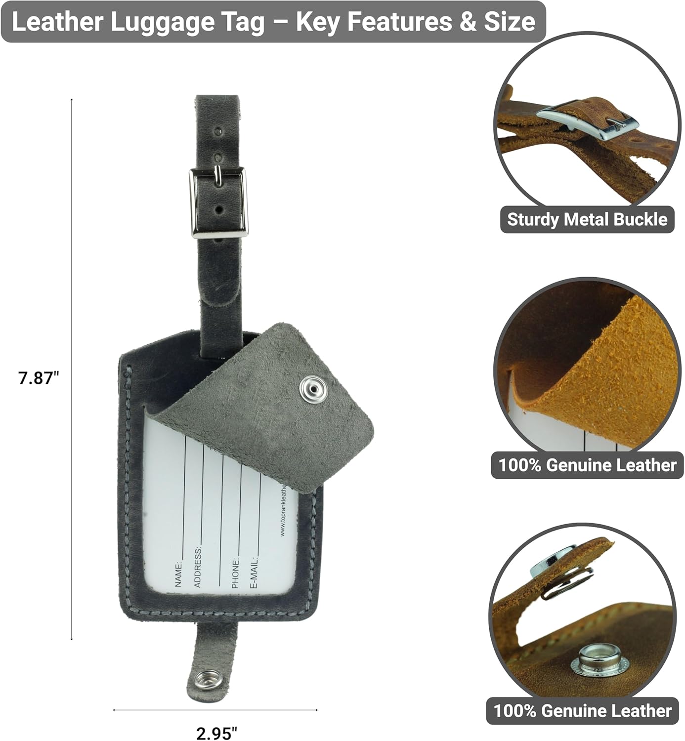 Toprank Leather Genuine Luggage Tags – Durable Leather Bag Tags for Travel, Baggage & Accessories (Gray)
