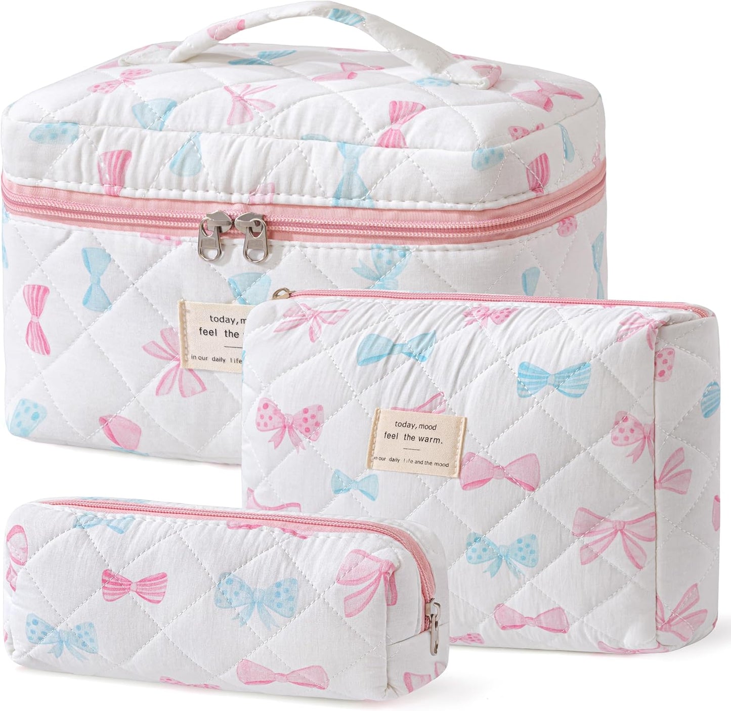 HBselect Quilted Makeup Bag, 3PCS Cotton Large Travel Makeup Bag, Cute Floral Coquette Make up Bag Cosmetic Bag Toiletry Bag for Women Girls