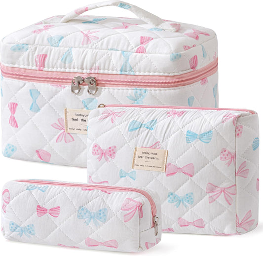 HBselect Quilted Makeup Bag, 3PCS Cotton Large Travel Makeup Bag, Cute Floral Coquette Make up Bag Cosmetic Bag Toiletry Bag for Women Girls