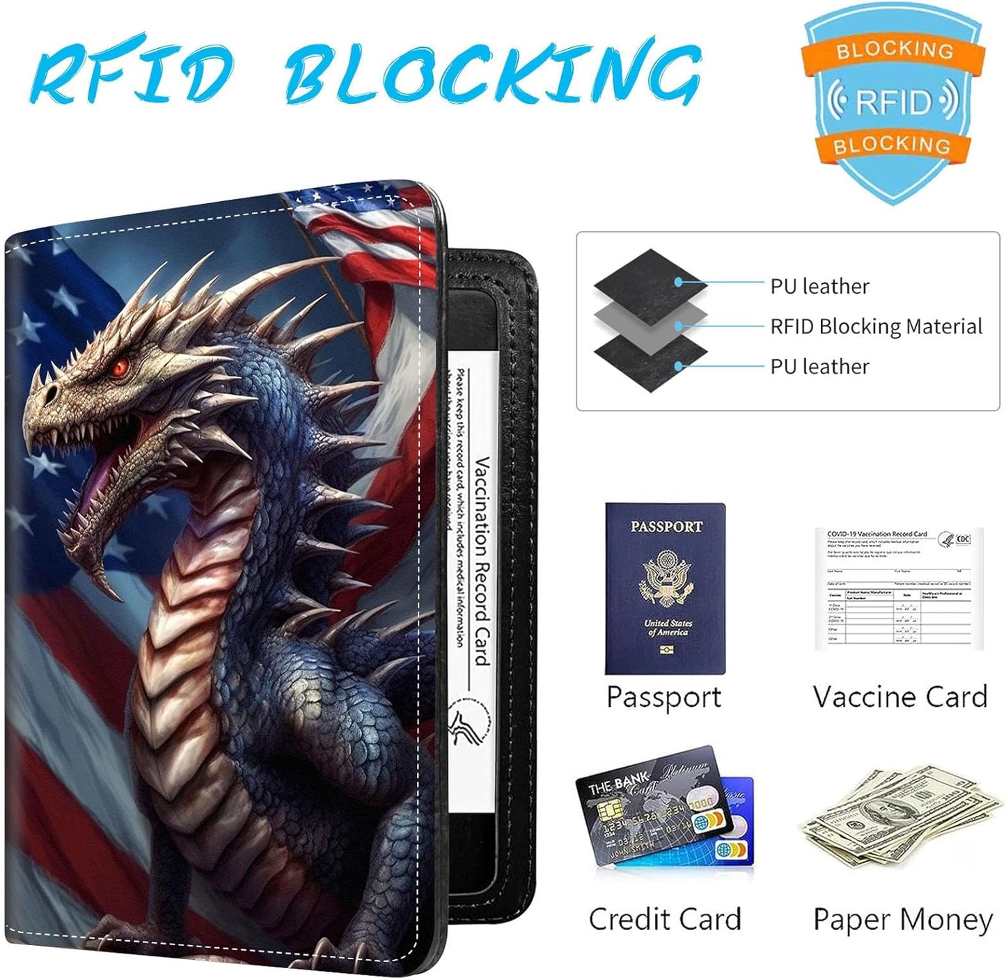 Passport Holder Cover Wallet Travel Essentials RFID Blocking Case Leather Passport Cover Wallet Vaccine Card Slot Organizer for Men Women, Flag Dragon