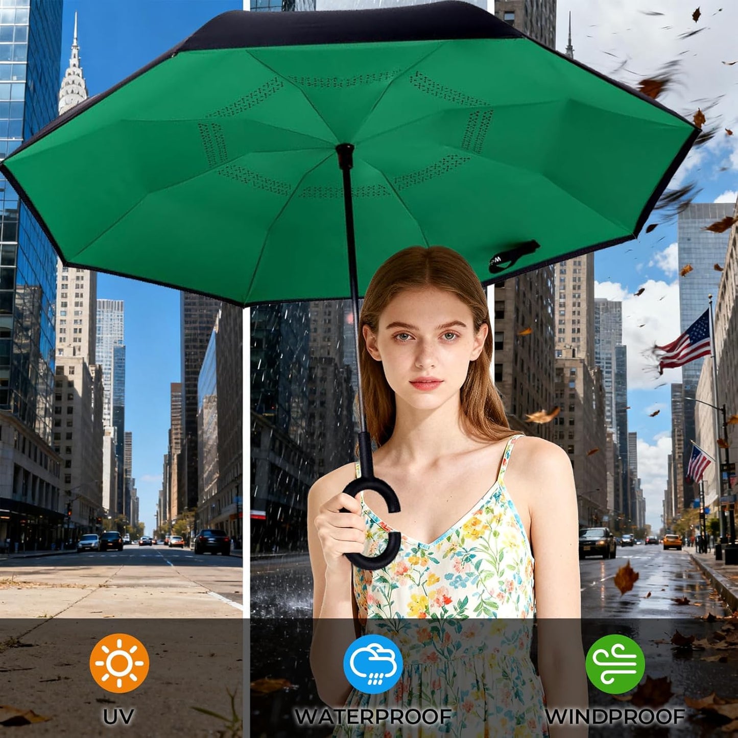 Inverted Umbrella, 49 Inch Double-Layer Vented Reverse Umbrella, Windproof Waterproof UV Protection, Lightweight C-Handle, Fiberglass Ribs, Steel Shaft, Travel/Commute/Car Use, With Sleeve