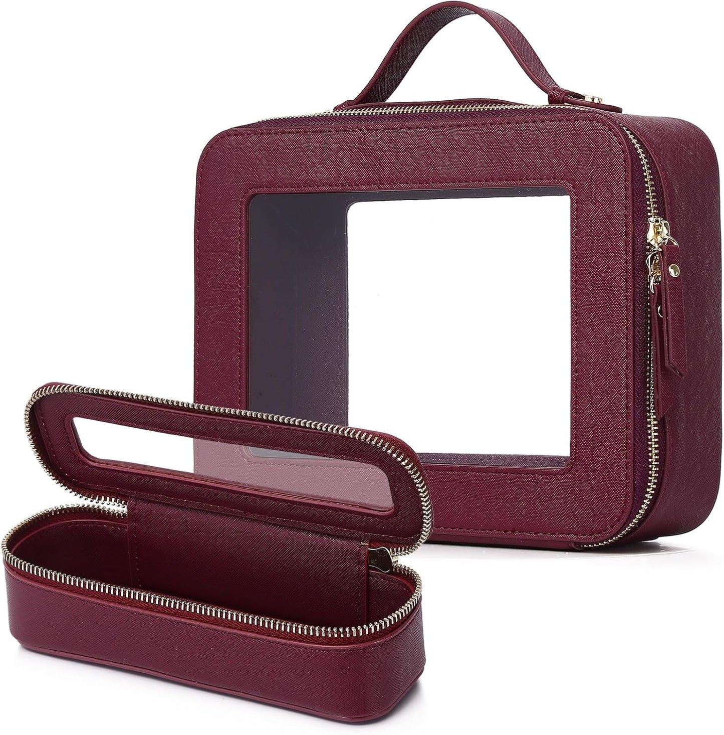 Clear Travel Makeup Bag with Brush Bag Portable Transparent Cosmetic Bag and Toiletry Bag Waterproof Clear Makeup Bag with Zipper Car Bag for Women (Burgundy, L+Slim)