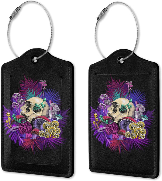 Luggage Tags for Suitcase, 2 Pack Magic Mushrooms Skull Luggage Tag with Privacy Flap Leather Travel Cruise, Name ID Label and Metal Loop for Women Men Girls Suitcase Baggage Bag Backpack