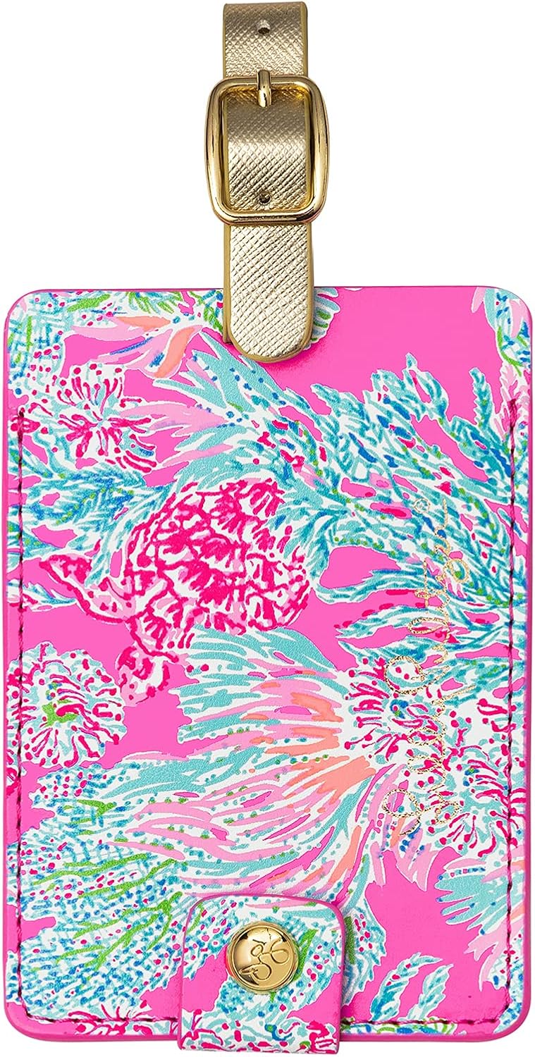 Lilly Pulitzer Leatherette Luggage Tag with Secure Strap, Colorful Suitcase Identifier for Travel