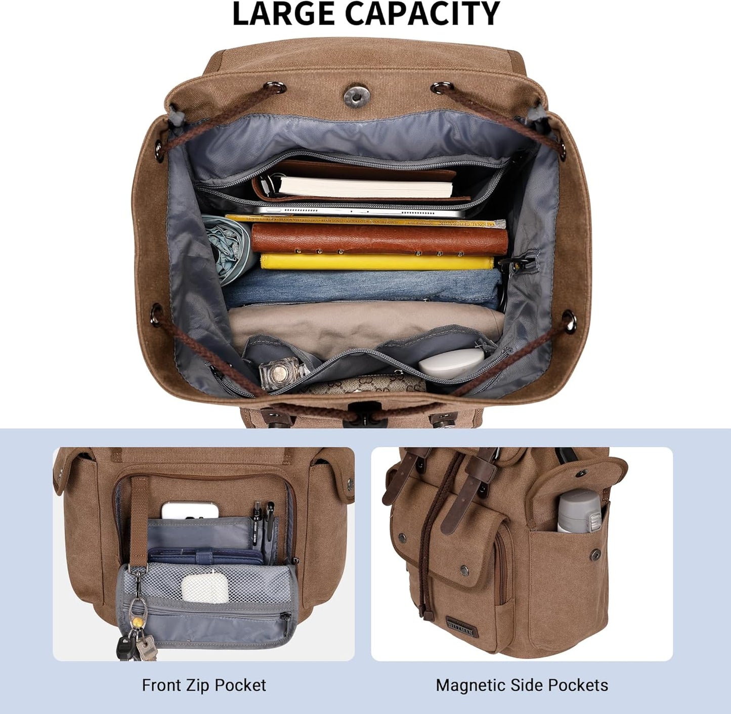 WITZMAN Canvas Backpack for Men Vintage Rucksack Fit 15.6 inch Laptop Backpack Travel High Capacity Casual Daypack (A8004 brown)