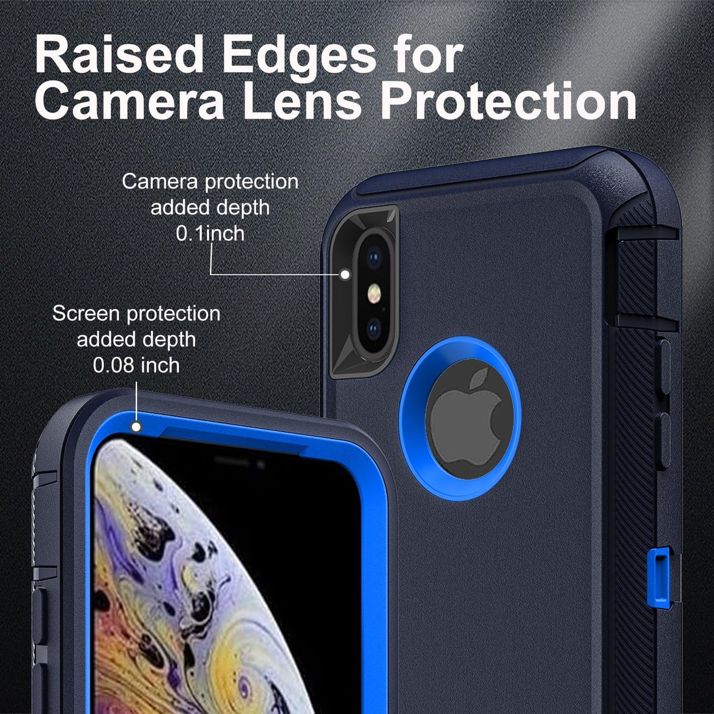 for iPhone Xs Max Case, Military Grade 3 in 1 Heavy Duty Shockproof/Drop Proof/Dust Proof Case with 2Pcs Tempered Glass Screen Protector (Navy Blue)